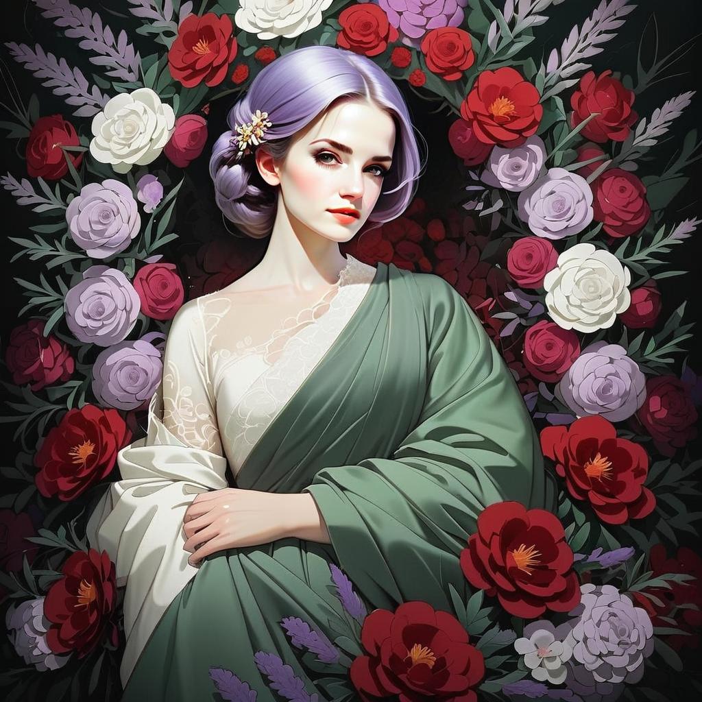 Serene Woman with Lavender Hair and Floral Background Serene Woman with Lavender Hair and Floral Background
