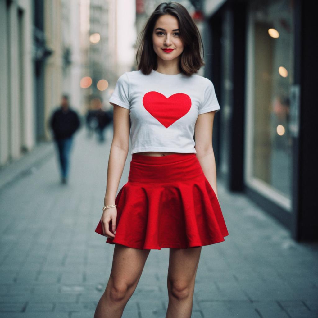 Young Woman in Red Skirt and Heart Print Crop Top on City Street Young Woman in Red Skirt and Heart Print Crop Top on City Street