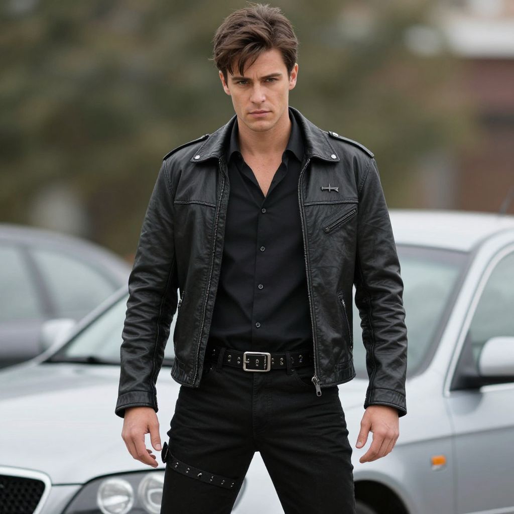 Confident Man in Black Leather Jacket Urban Style
