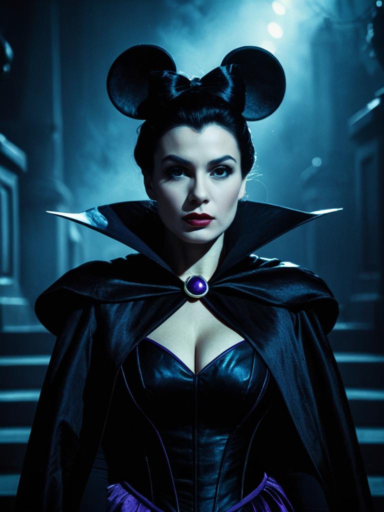Woman in Disney Villain Costume with Mickey Mouse Ears Cinematic Portrait
