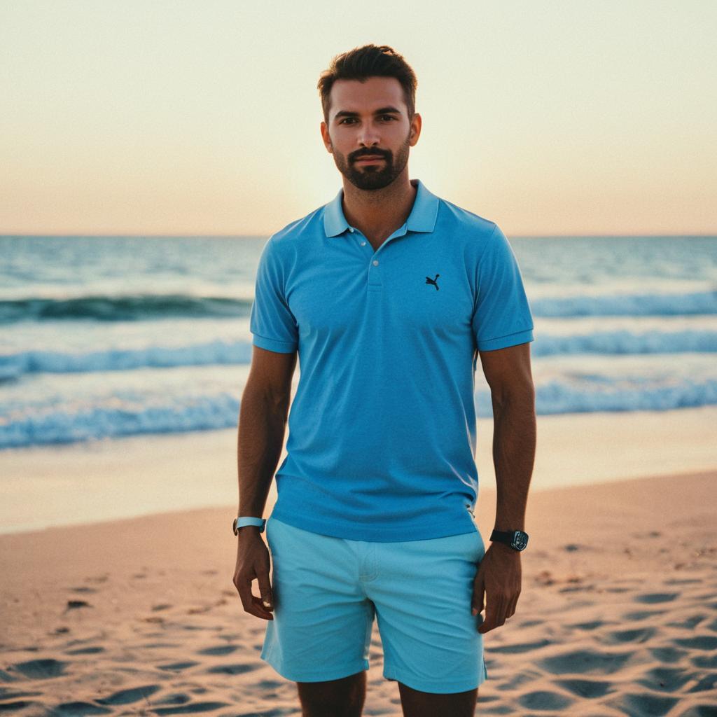 Man in Blue Polo Shirt and Shorts on Beach at Sunset