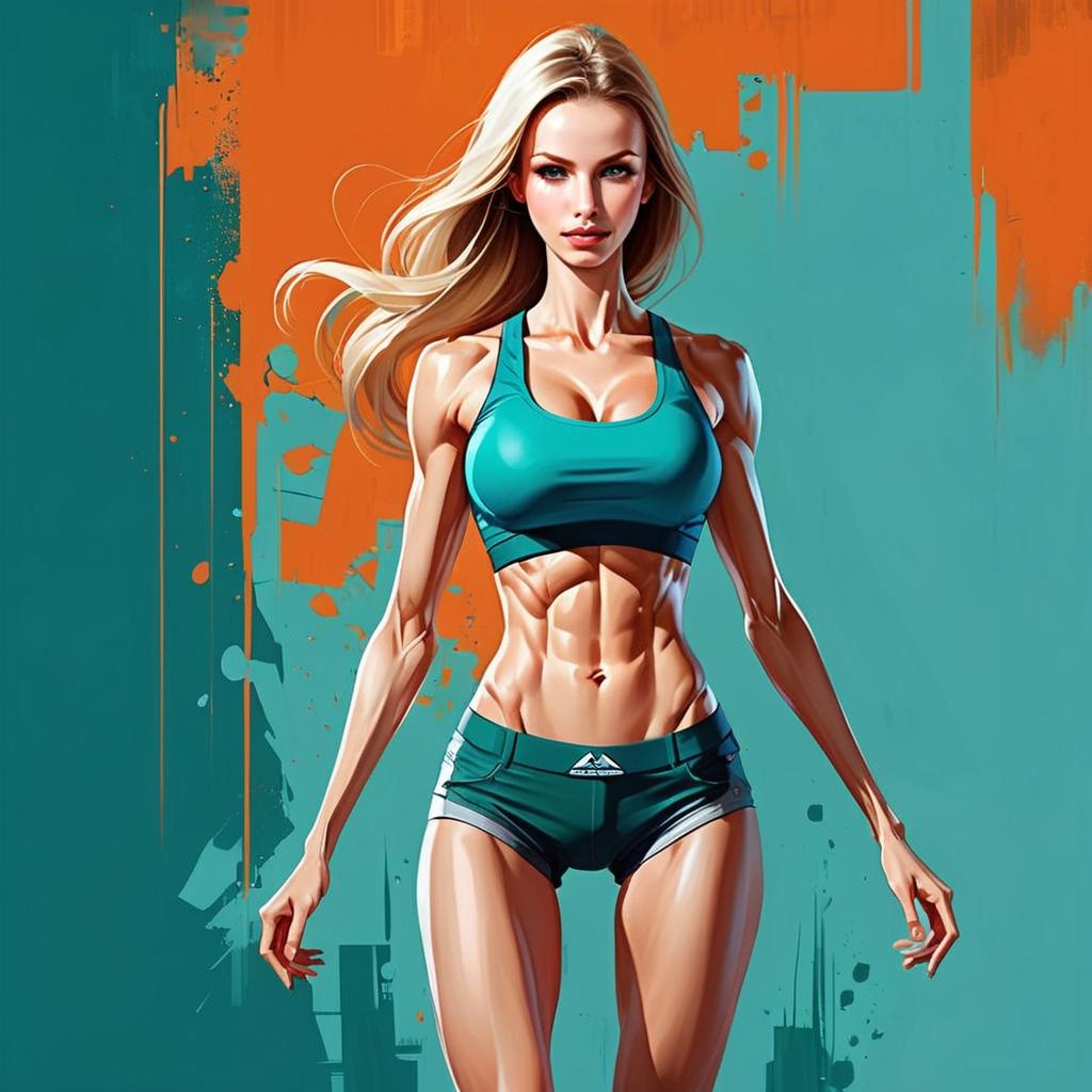 Fit Woman in Teal Sportswear Against Abstract Background