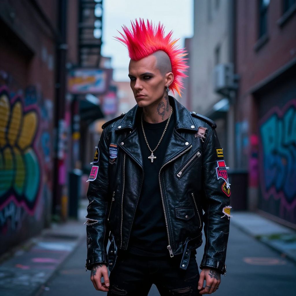 Punk Rock Man with Red Mohawk and Leather Jacket in Urban Alley