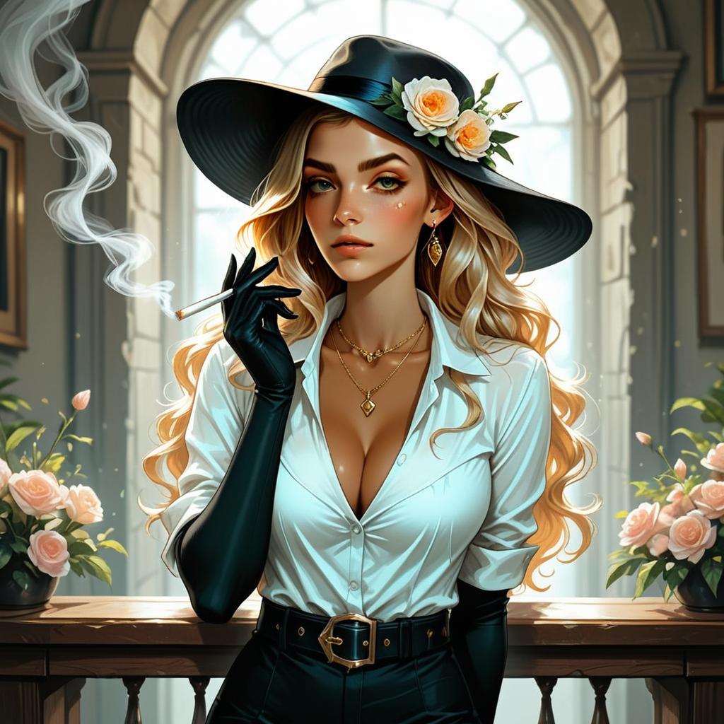 Elegant Woman in Wide Brim Hat and White Blouse Holding Cigarette