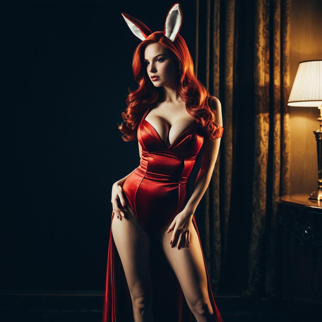 Glamorous Woman in Red Satin Bunny Costume with Vintage Indoor Lighting