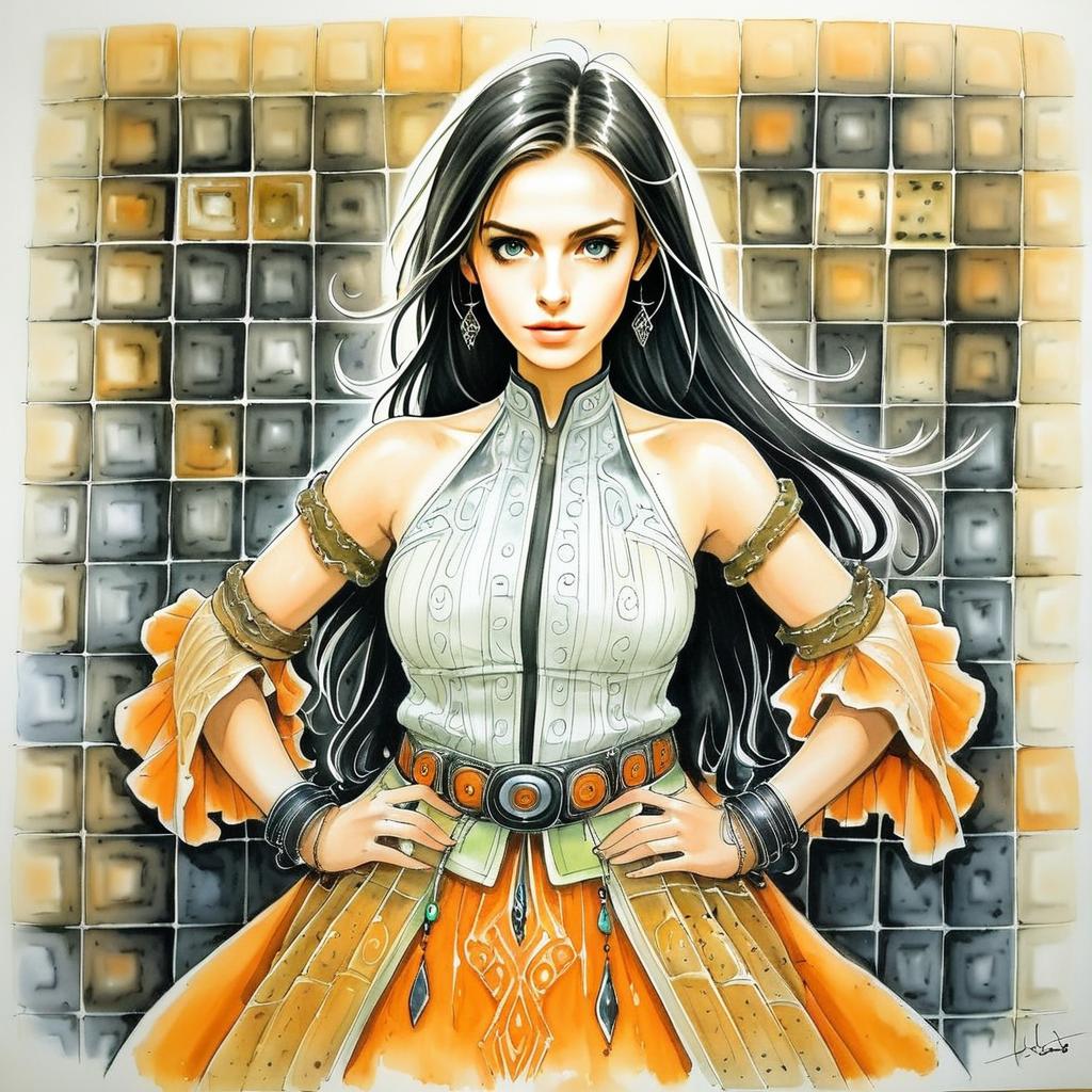 Confident Woman in Fantasy Outfit with Orange Accents