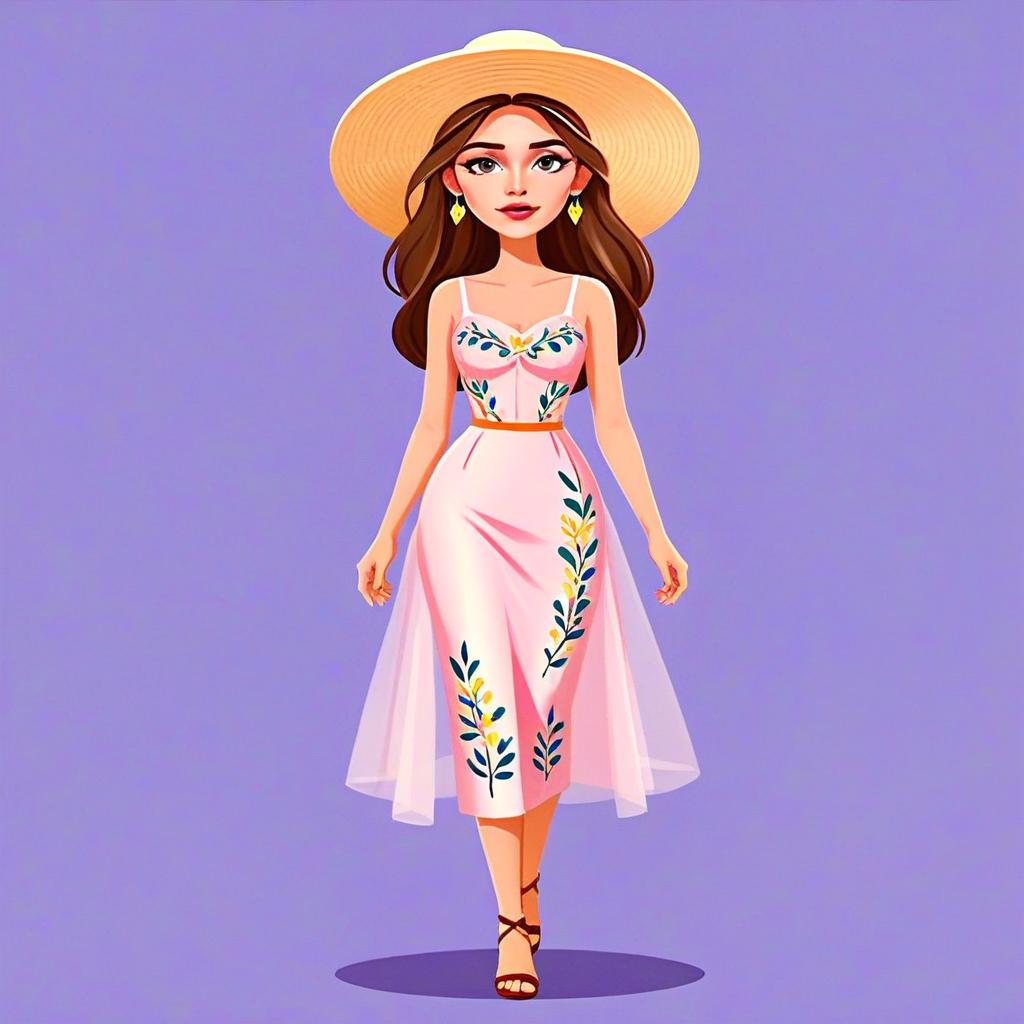 Woman in Pretty Floral Corset Style Midi Dress with Straw Hat Digital Illustration