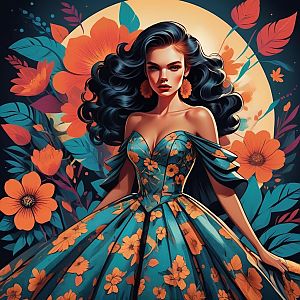 Elegant Woman in Floral Gown Against Vibrant Backdrop