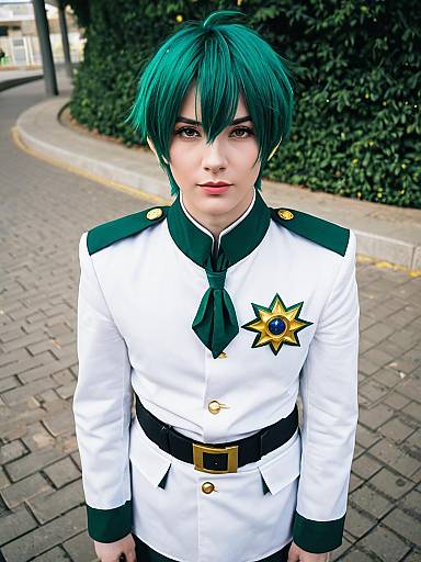 Anime-Inspired Man Cosplay in White Military Uniform with Green Hair