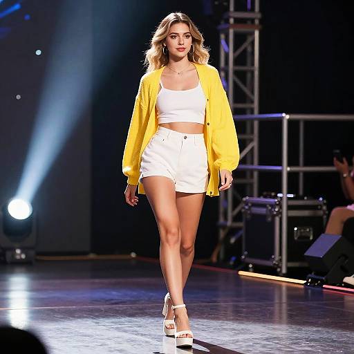 Woman Walking Runway Fashion Show in Yellow Cardigan and White Shorts