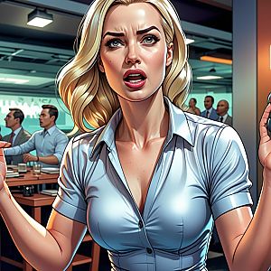 Hyper-Realistic Digital Illustration of Concerned Blonde Woman in Office Setting