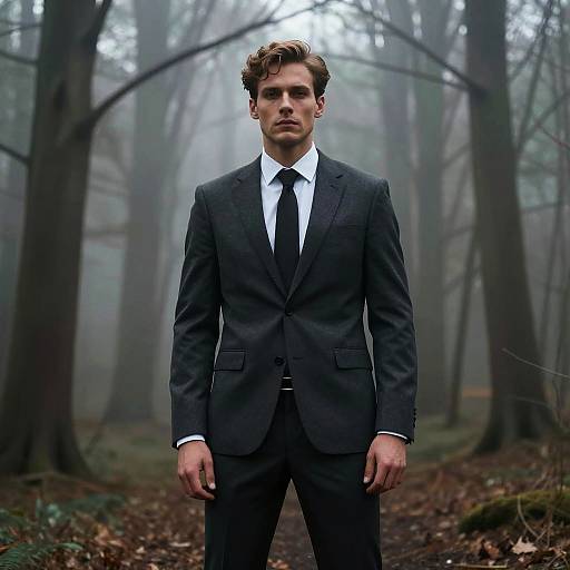 Young Man in Dark Gray Suit Standing in Misty Forest