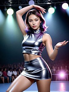 Stylish Woman in Metallic Outfit Under Stage Lights