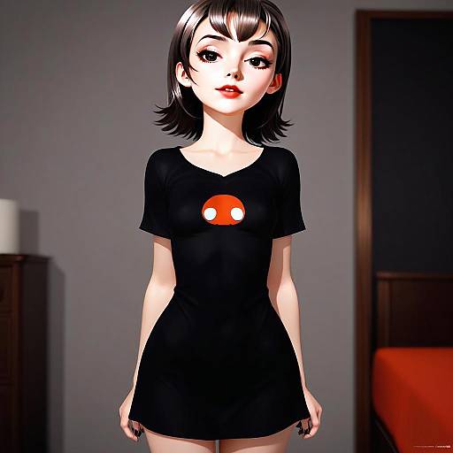 Stylized Digital Illustration of Woman in Black Dress with Red Graphic