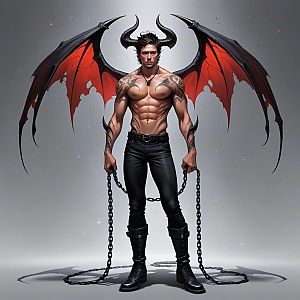 Muscular Demonic Man with Wings and Tattoos