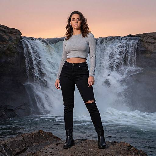Woman Standing by Waterfall at Sunset Wearing Casual Outfit