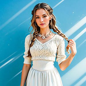 Young Woman in Cream Sweater Against Blue Backdrop