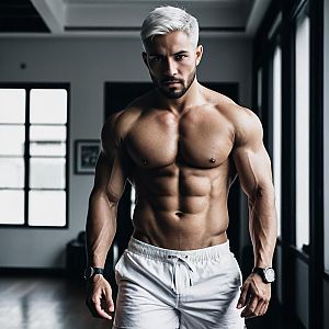 Muscular Shirtless Man with Platinum Blonde Hair