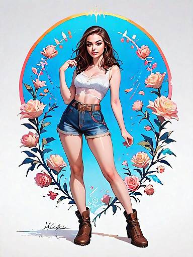 Realistic Comic Style Woman in Bohemian Outfit Full Body Illustration