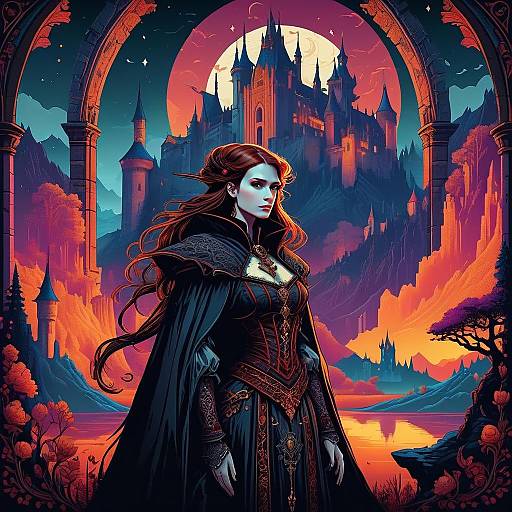 Gothic Fantasy Woman in Medieval Dress with Castle and Moonlit Background