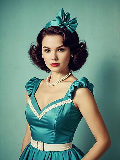Elegant Woman in Retro 1950s Party Dress with Teal Satin and Vintage Hairstyle