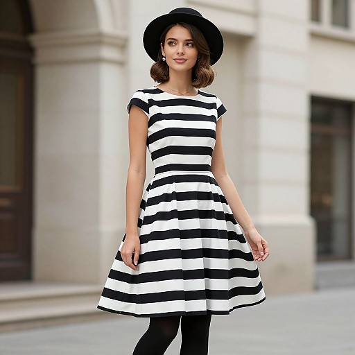 Woman in Black and White Striped Dress with Black Hat in Urban Setting