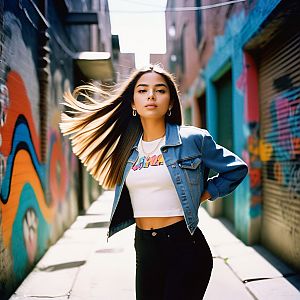 Stylish Young Woman in Urban Alley with Street Art