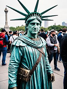 Man in Statue of Liberty Costume at Cosplay Festival - Detailed Candid Portrait