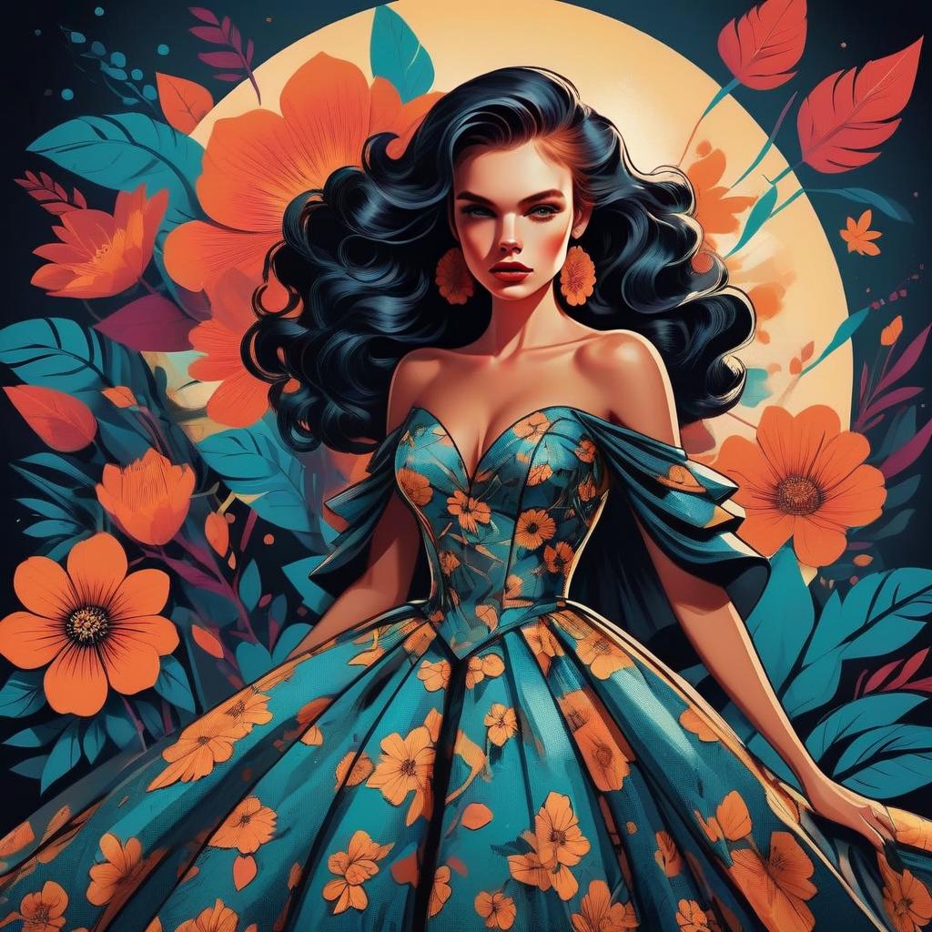 Elegant Woman in Floral Gown Against Vibrant Backdrop Elegant Woman in Floral Gown Against Vibrant Backdrop
