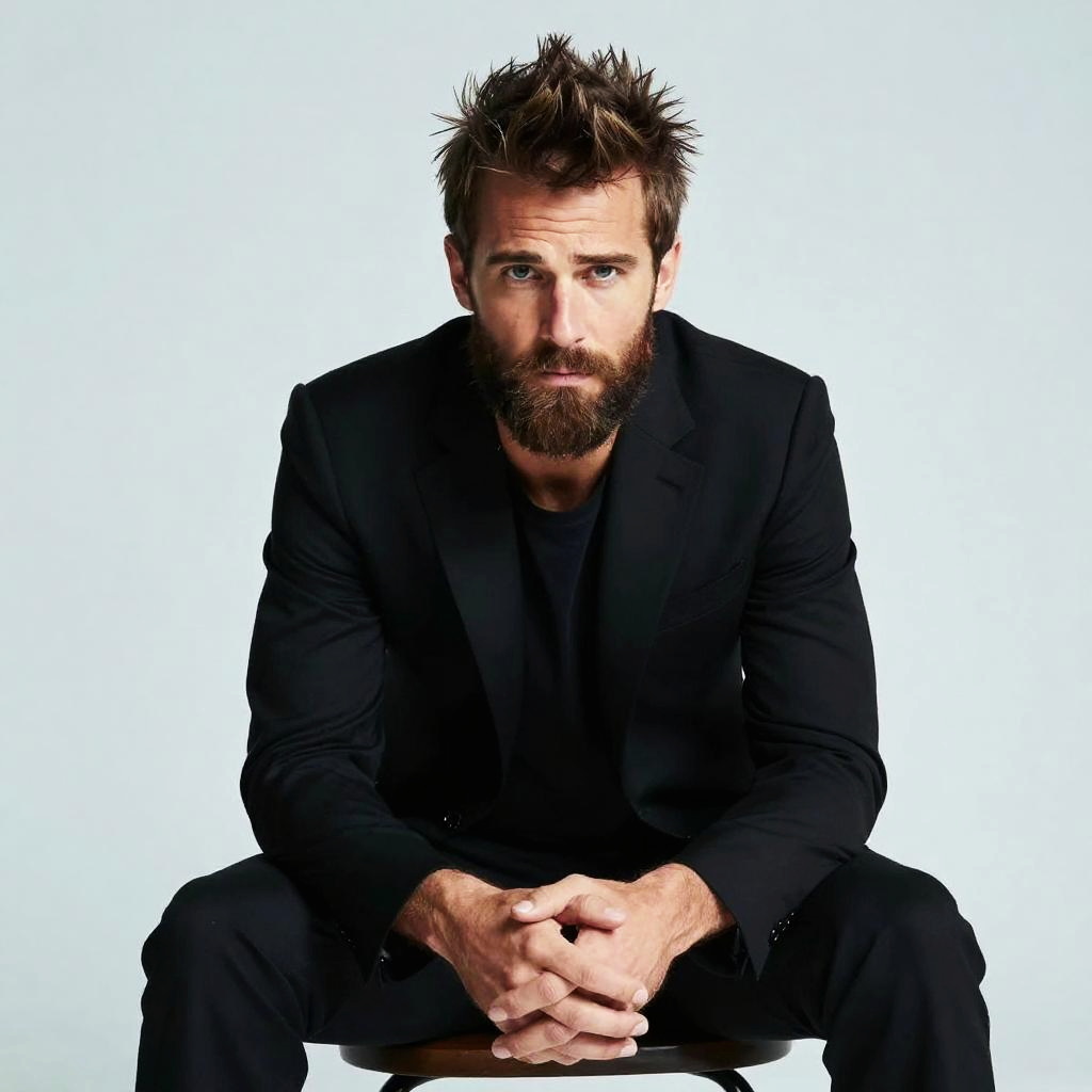 Bearded Man in Black Suit with Spiked Hair Sitting on Stool