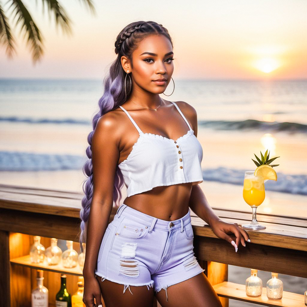 Confident Woman at Beach Sunset with Tropical Cocktail Confident Woman at Beach Sunset with Tropical Cocktail