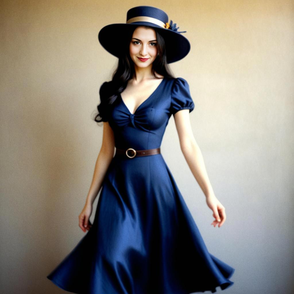 Elegant Woman in Navy Blue Dress with Chic Hat