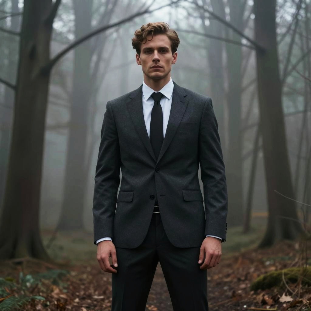Young Man in Dark Gray Suit Standing in Misty Forest
