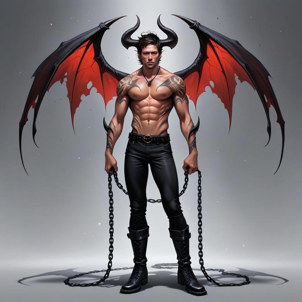Muscular Demonic Man with Wings and Tattoos
