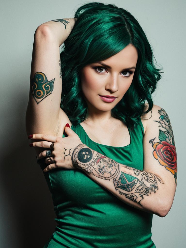 Confident Woman with Green Hair and Vibrant Tattoos in Green Top