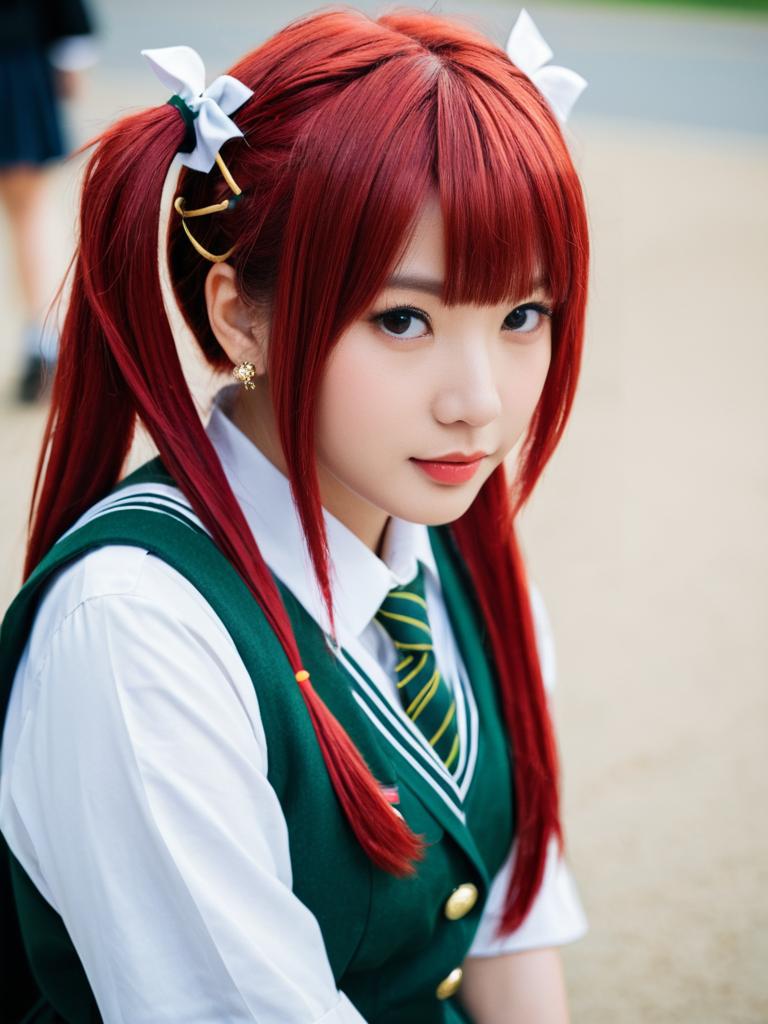 Anime Style Red-Haired Woman in Green School Uniform Cosplay
