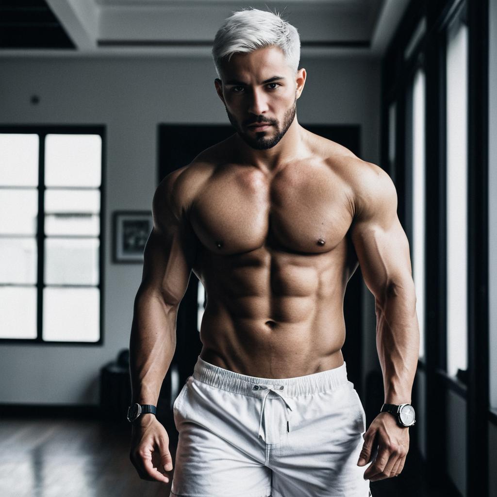 Muscular Shirtless Man with Platinum Blonde Hair