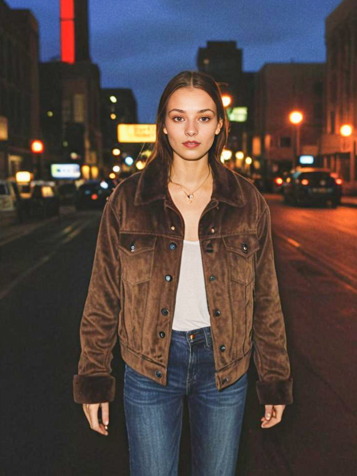 Confident Young Woman in Stylish Brown Suede Jacket at Dusk