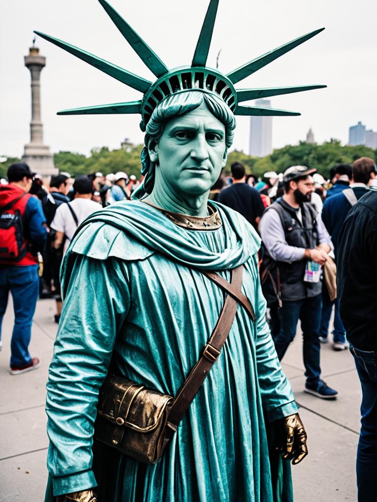 Man in Statue of Liberty Costume at Cosplay Festival - Detailed Candid Portrait
