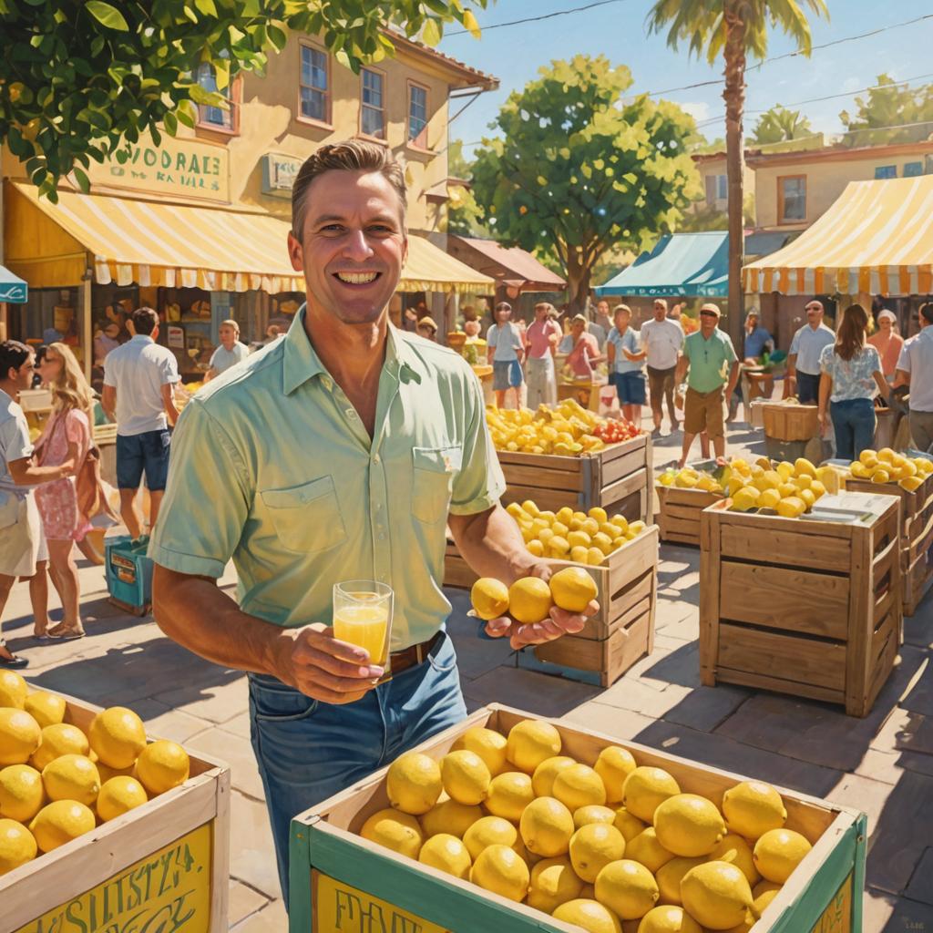 Cheerful man at vibrant lemonade stand on sunny day