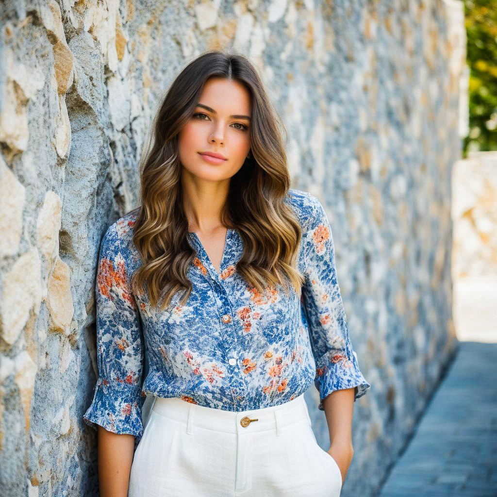 Young Woman in Blue Floral Blouse Against Stone Wall