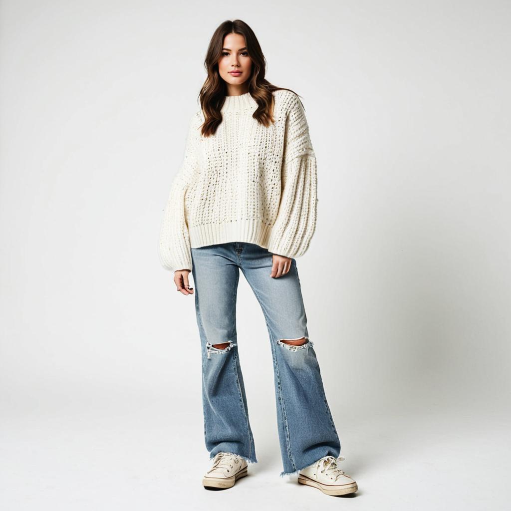 Casual Fashion Woman in Chunky Knit Sweater and Distressed Wide-Leg Jeans
