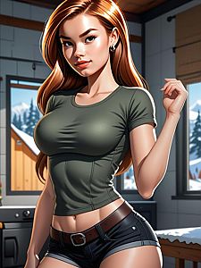 Digital Illustration of Confident Woman in Modern Kitchen with Snowy Mountain View