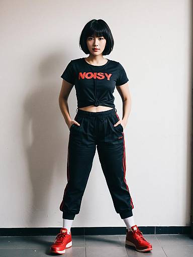 Young Woman in Black Crop Top and Red Sneakers Sporting Casual Streetwear