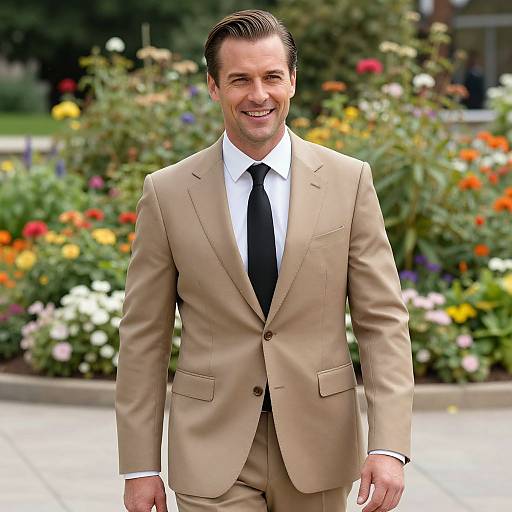 Smiling Man in Beige Suit Walking in Flower Garden