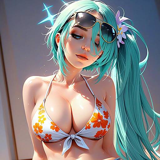 Anime Woman with Turquoise Hair in Floral White and Orange Bikini Top