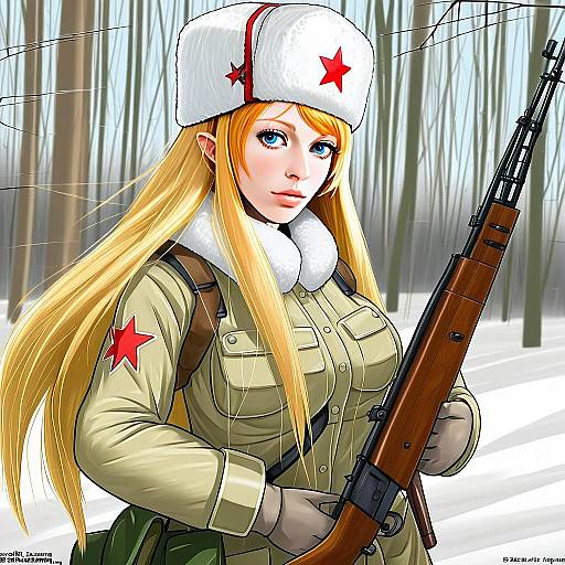 Anime Woman in Soviet Winter Uniform Holding Mosin-Nagant Rifle in Snowy Forest