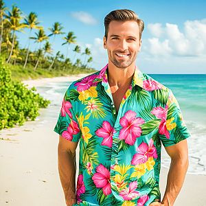 Smiling Man in Hawaiian Shirt on Tropical Beach