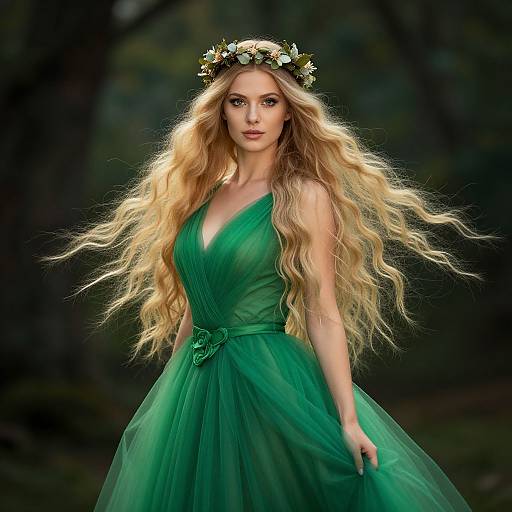 Elegant Woman in Green Tulle Dress with Floral Crown