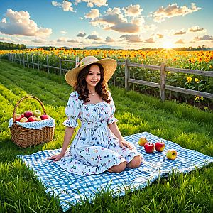 Woman in Floral Dress on Picnic Blanket in Sunflower Field